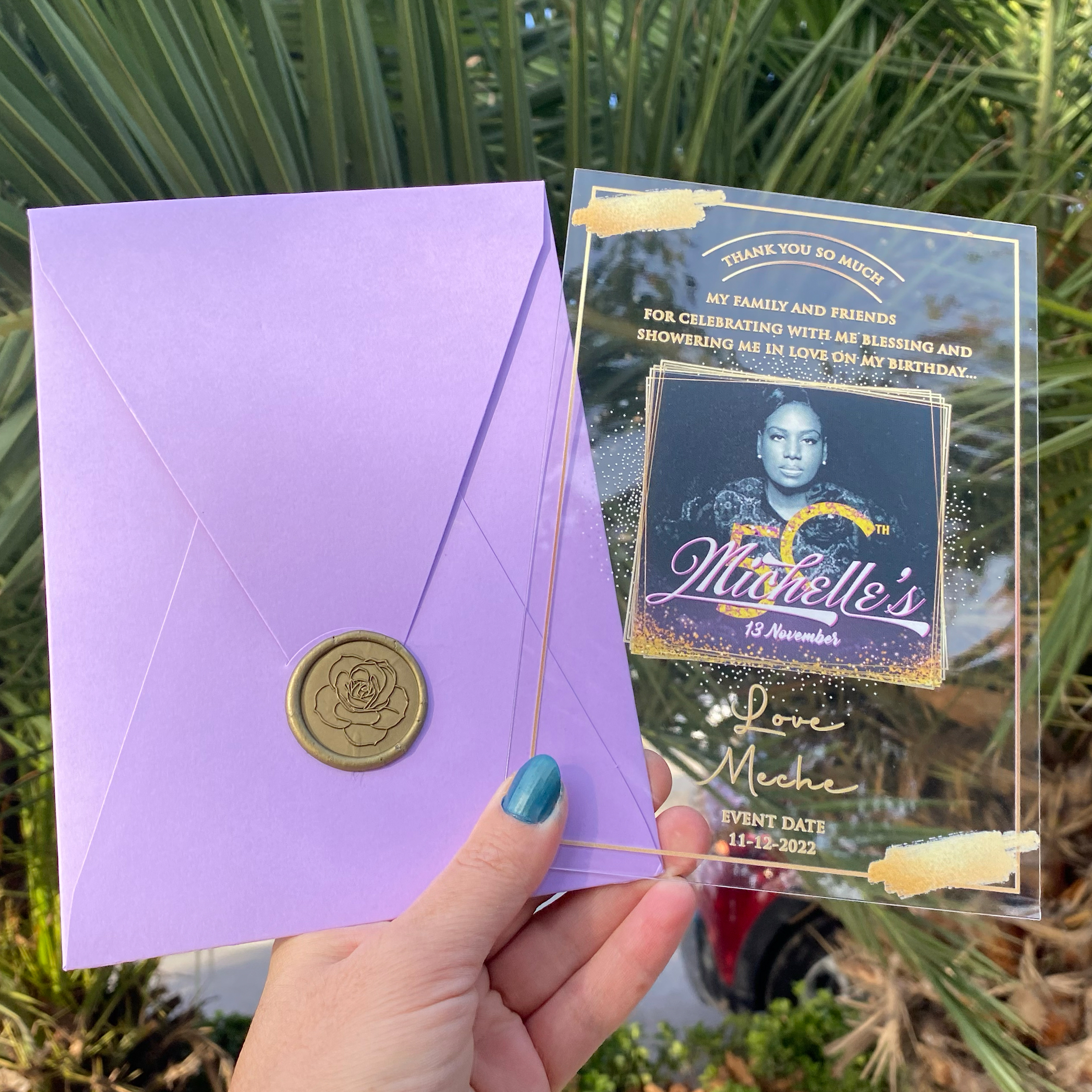  Acrylic invitation card with photo. Birthday invitation with acrylic photo. UV printed. Lilac envelope. Gold wax seal